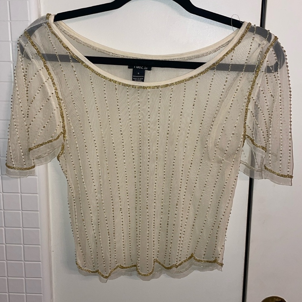 Cream mesh gold beaded top, size small